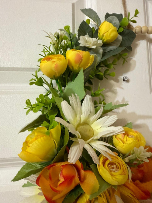 Handmade Beaded Peony Hoop Wreath, with Eucalyptus & Lamb’s Ear Leaves , Burlap Ribbon Bow