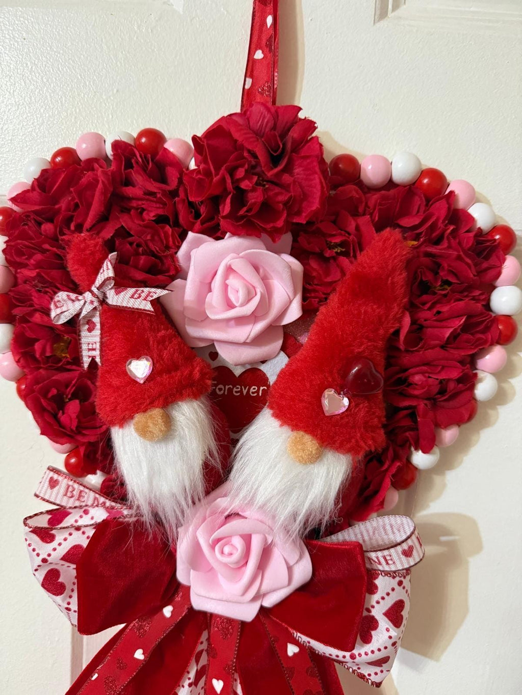 Handmade Valentine Gnome Heart Wreath with Pink, Red Roses, Heart Ribbons