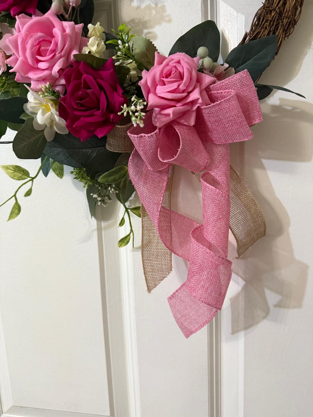 Handmade Pink Rose Valentine's Day Wreath, Eucalyptus Door Decor