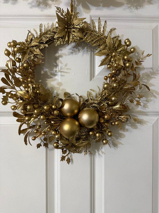 Handmade Gold Winter Wreath with Ornaments Berries, Leaves | Elegant Holiday Front Door Wreath | Glam Luxury Home Decor