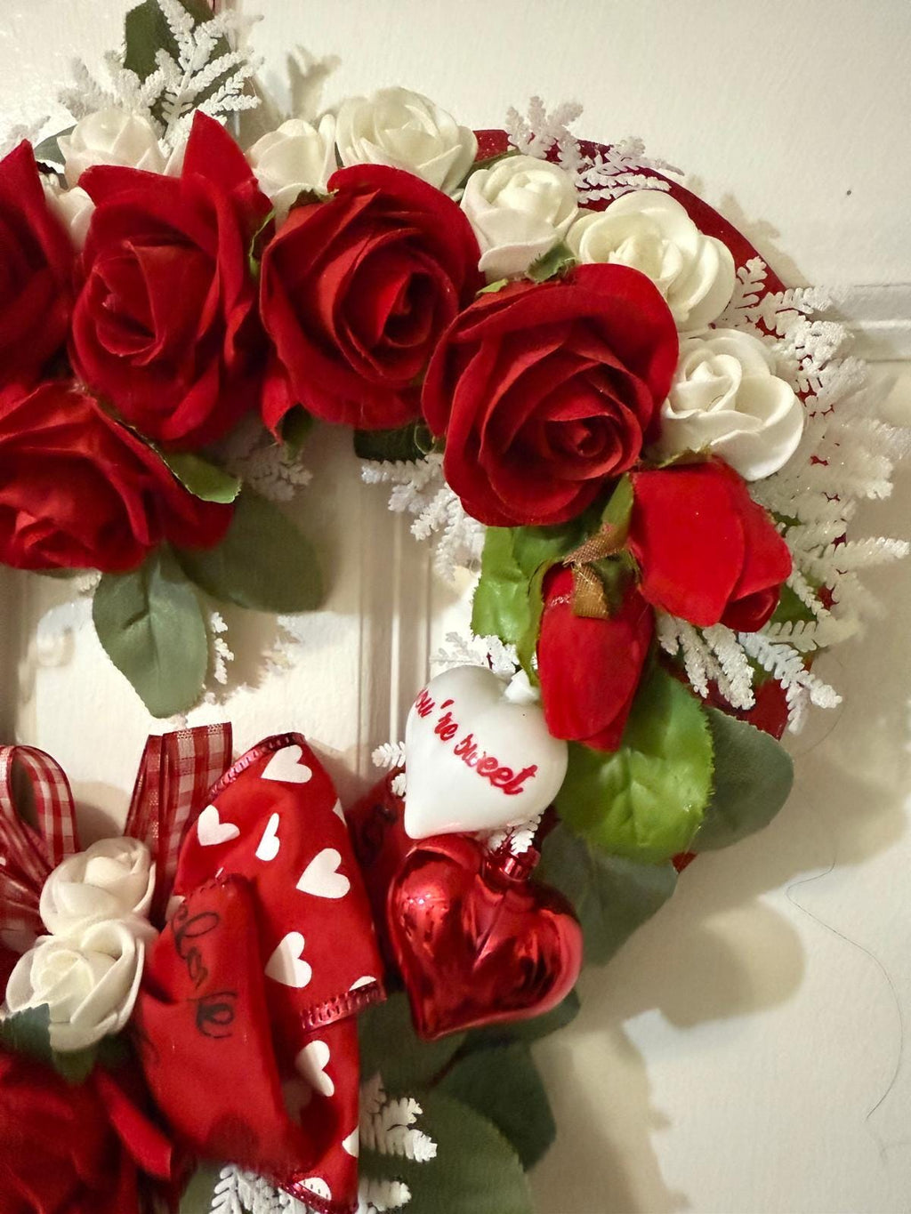Valentine’s Day Handcrafted Romantic Wreath with Red & White Roses, Heart Decor, Ribbon