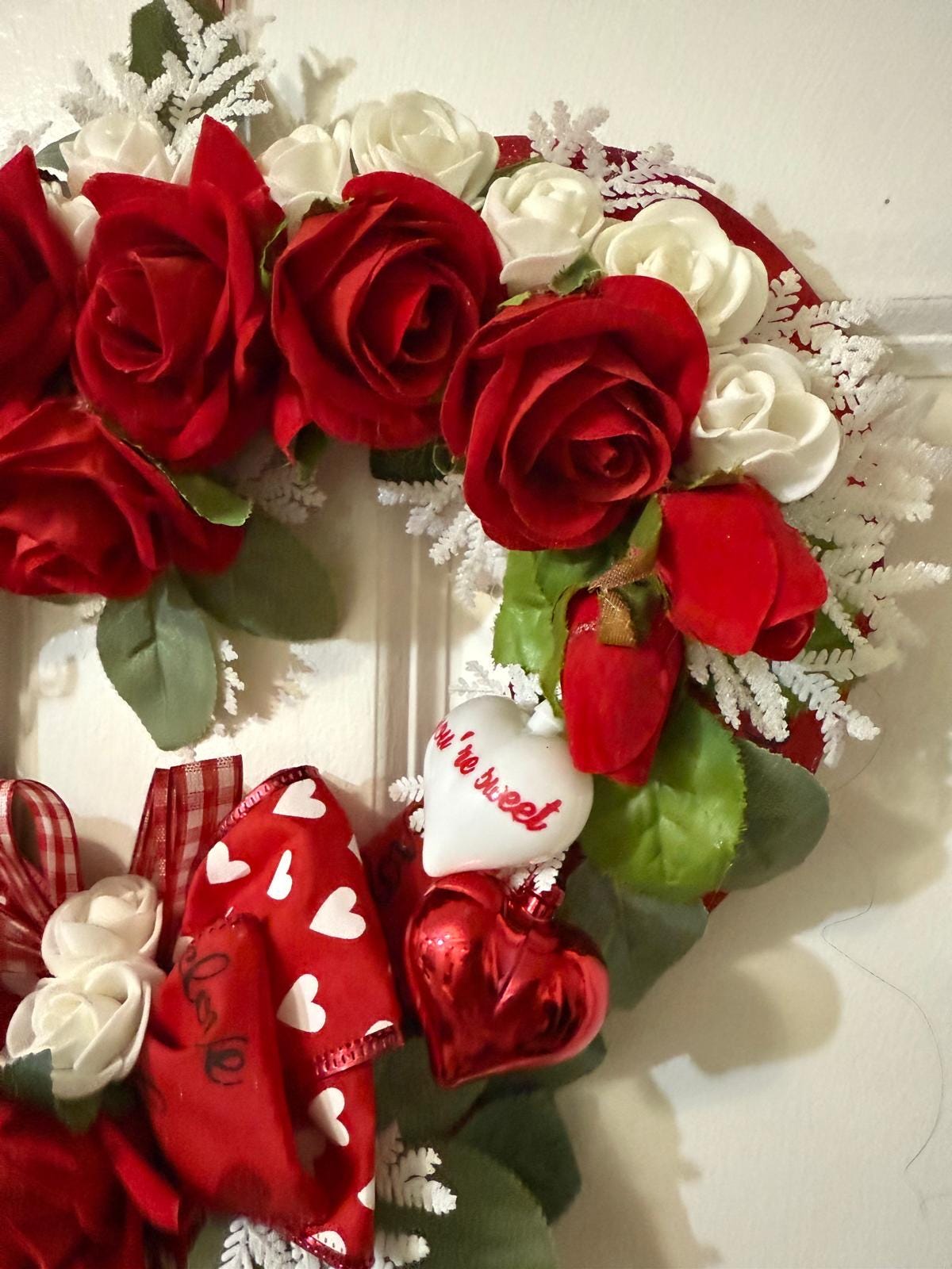 Valentine’s Day Handcrafted Romantic Wreath with Red & White Roses, Heart Decor, Ribbon