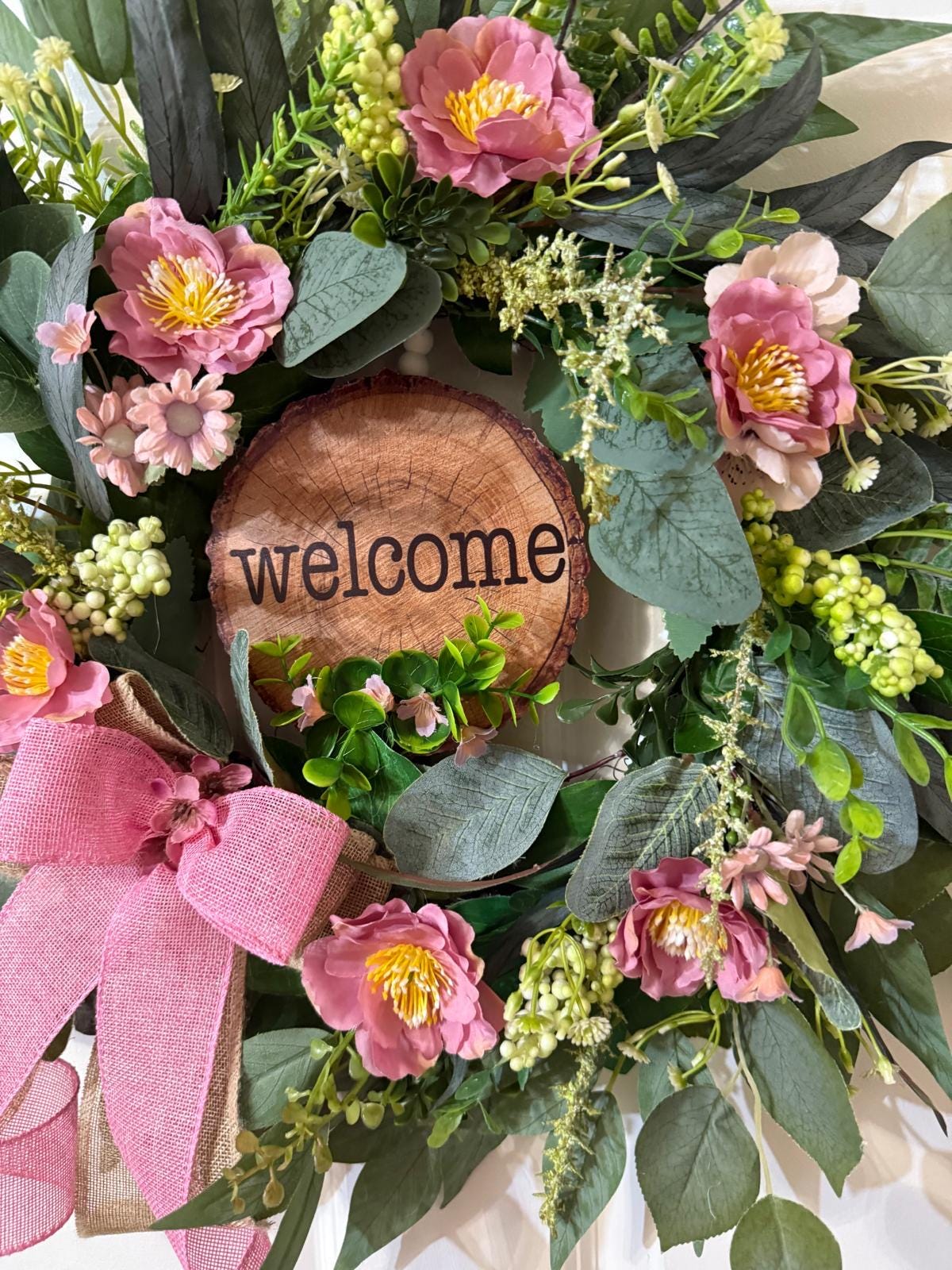 Handmade Welcome Wreath with Pink Roses,Eucalyptus Leaves, Burlap Ribbon