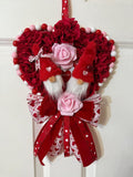 Handmade Valentine Gnome Heart Wreath with Pink, Red Roses, Heart Ribbons