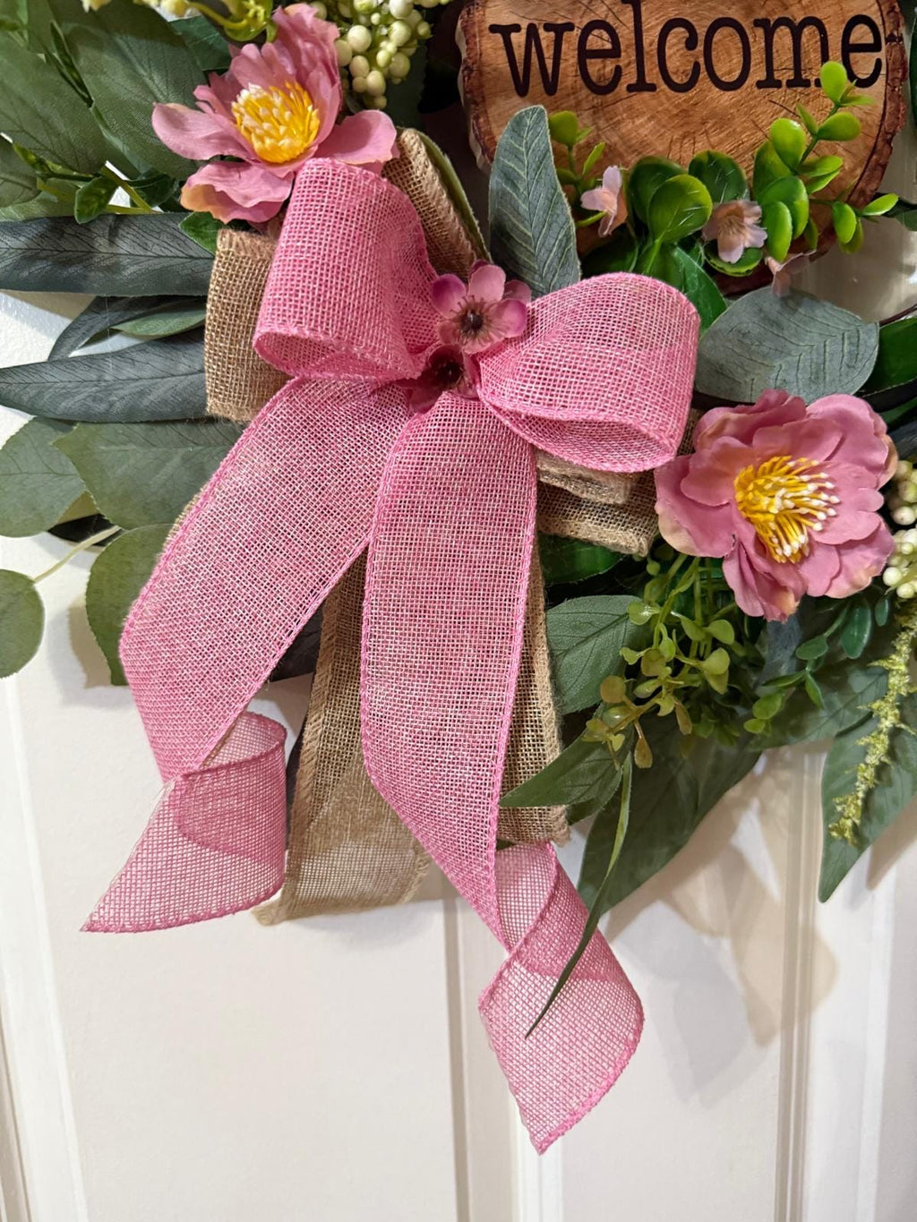 Handmade Welcome Wreath with Pink Roses,Eucalyptus Leaves, Burlap Ribbon