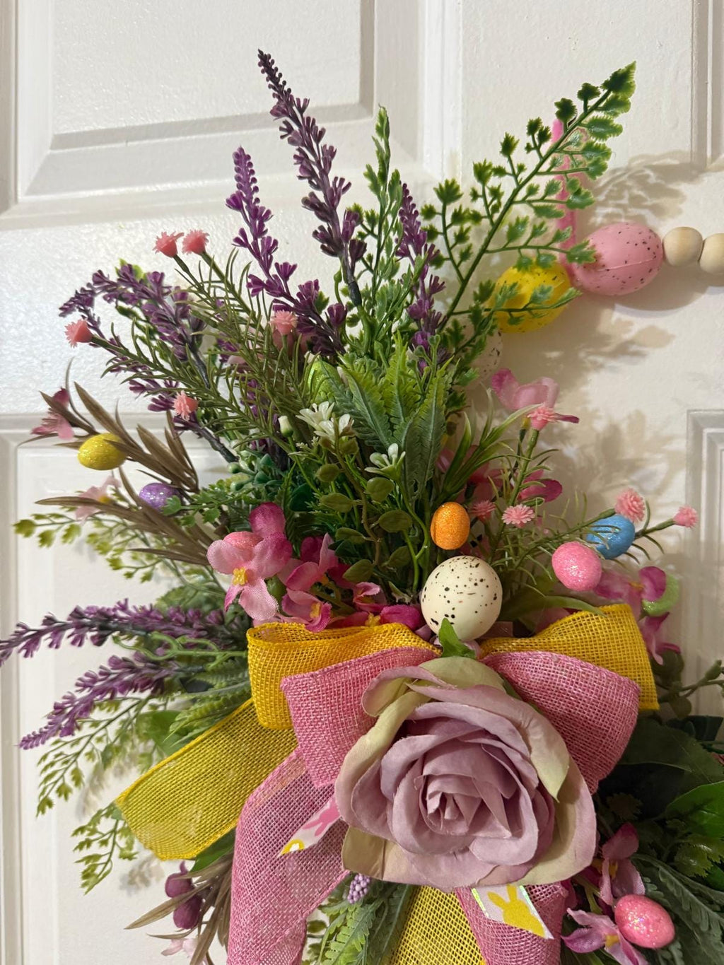 Handmade Easter Bunny Wreath, Lavender Floral, Pastel Egg Decor