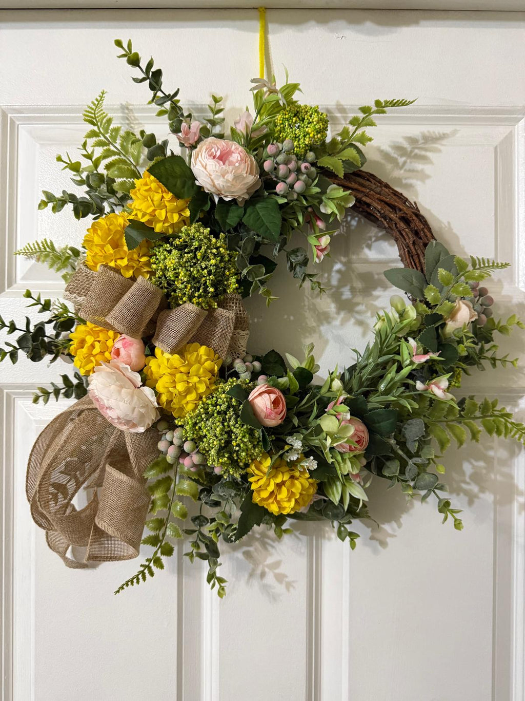 Spring, Summer Floral Wreath with Yellow Hydrangeas & Pink Roses, Fern, eucalyptus leaves
