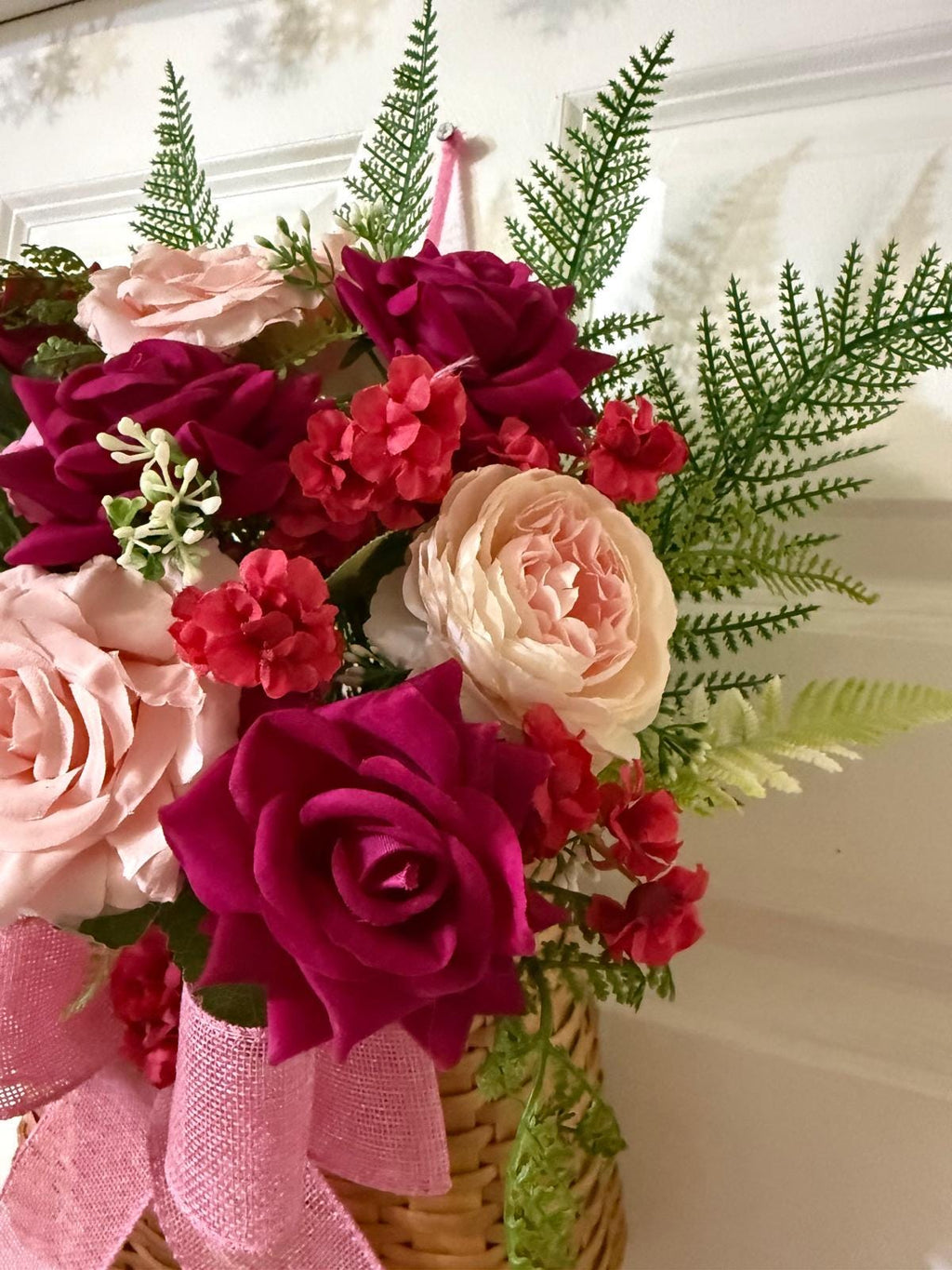 Rose, Peony Floral Door Basket | Fern Leaves, Pink Burgundy Burlap Robbon,Woven Basket Decor