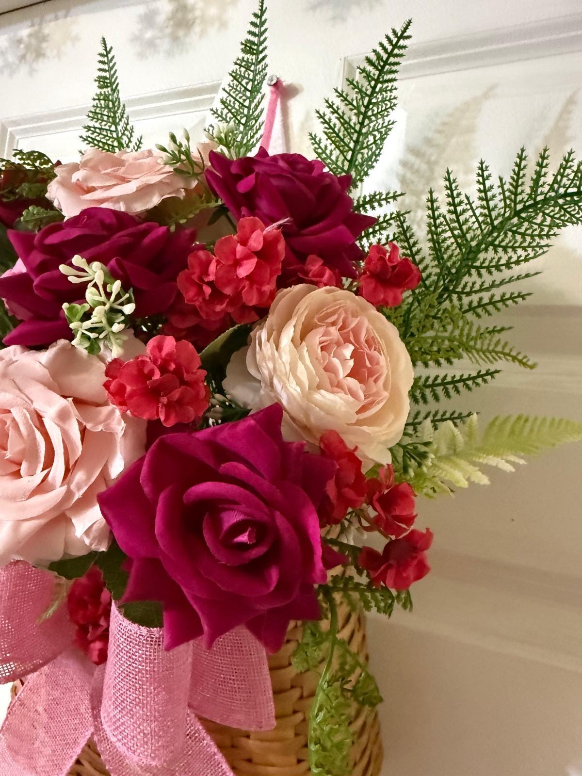 Rose, Peony Floral Door Basket | Fern Leaves, Pink Burgundy Burlap Robbon,Woven Basket Decor