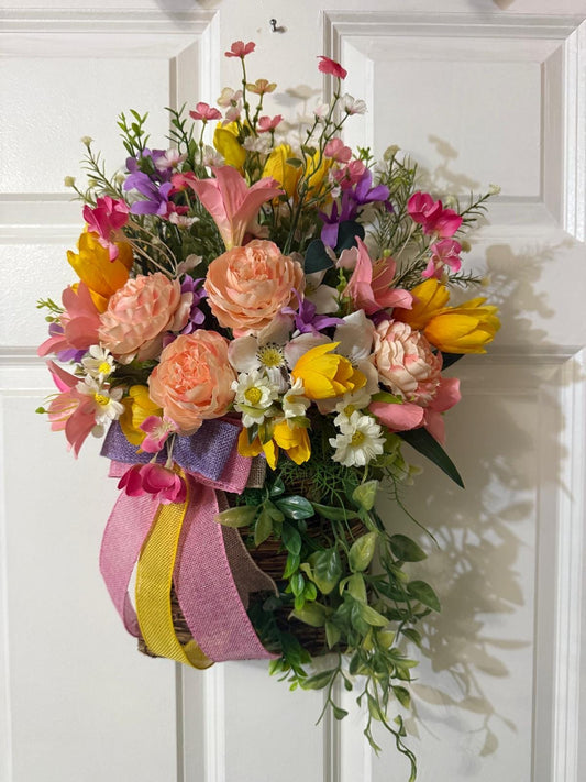 Peach Rose & Tulip Door Basket, Cottagecore Spring Floral Arrangement