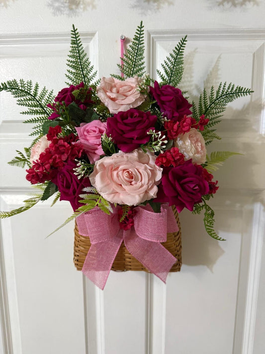 Rose, Peony Floral Door Basket | Fern Leaves, Pink Burgundy Burlap Robbon,Woven Basket Decor