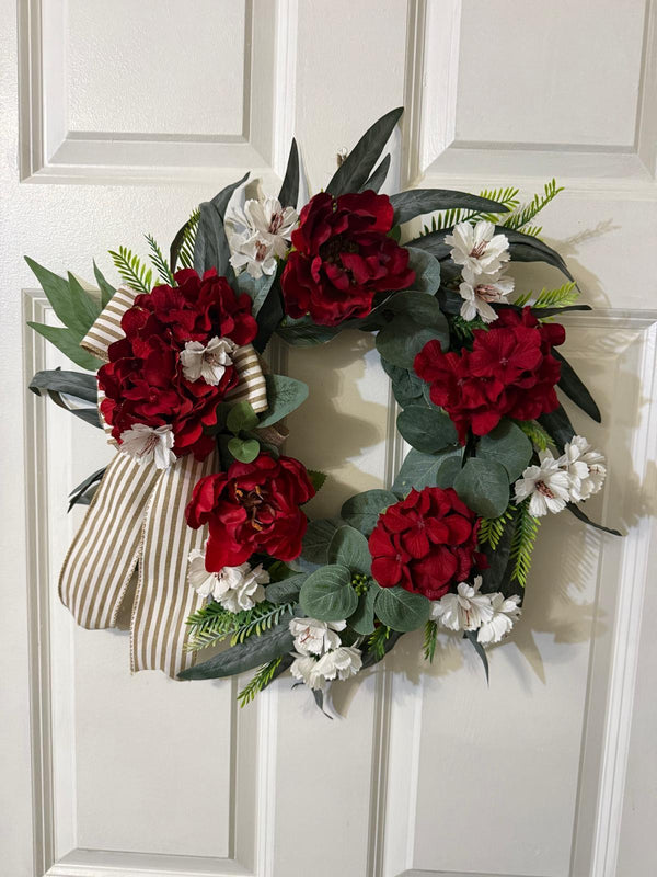 Red Floral Farmhouse Wreath, Spring Front Door Decor, Romantic Everyday Wreath