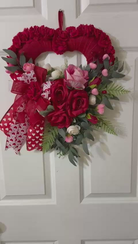Valentine's Day Handmade Rose Heart Wreath with Pink, Red Roses, Fern , Willow leaves